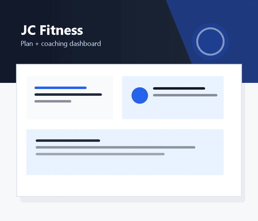 JC Fitness training dashboard preview with plan, message, and check-in panels.